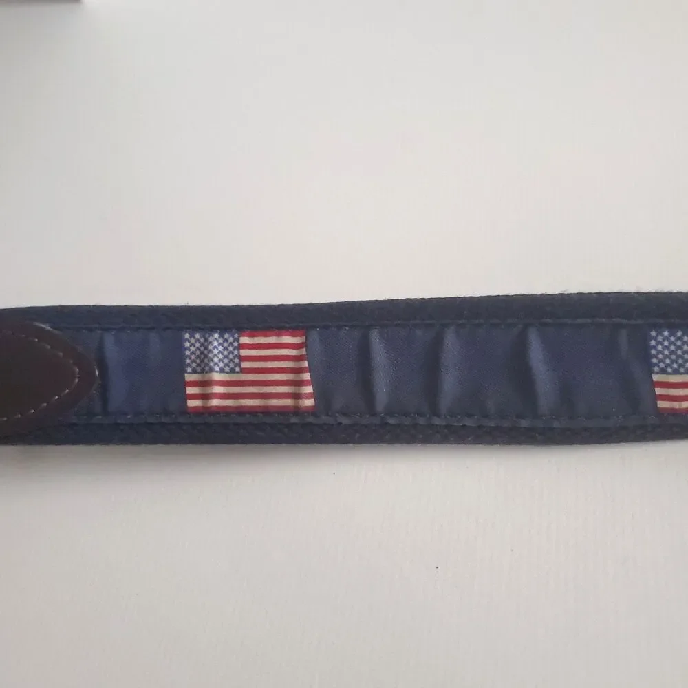 Vineyard Vines Men's Belt Size 42 Navy American Flag Canvas Leather Brass Buckle